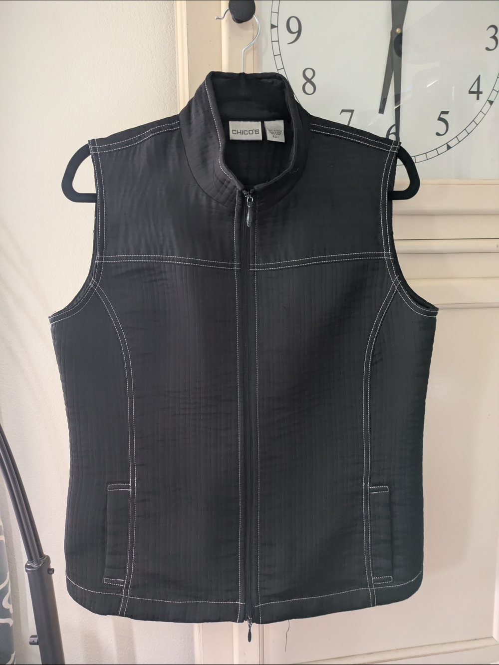 Chico's Black Quilted Zip-Up Vest with White Contrast Stitching